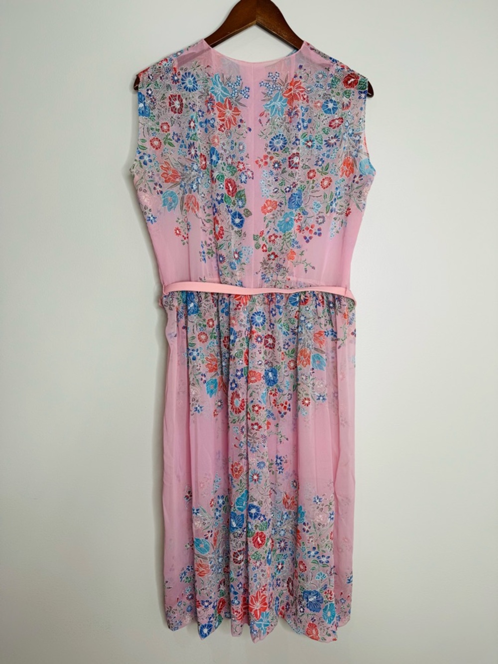 Vintage 70s Sheer Pink Painted Floral Sleeveless Midi Dress with Belt